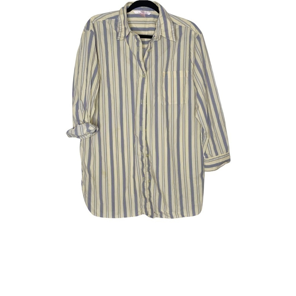VICTORIA’S Secret yellow striped, oversized buttoned down shirt.